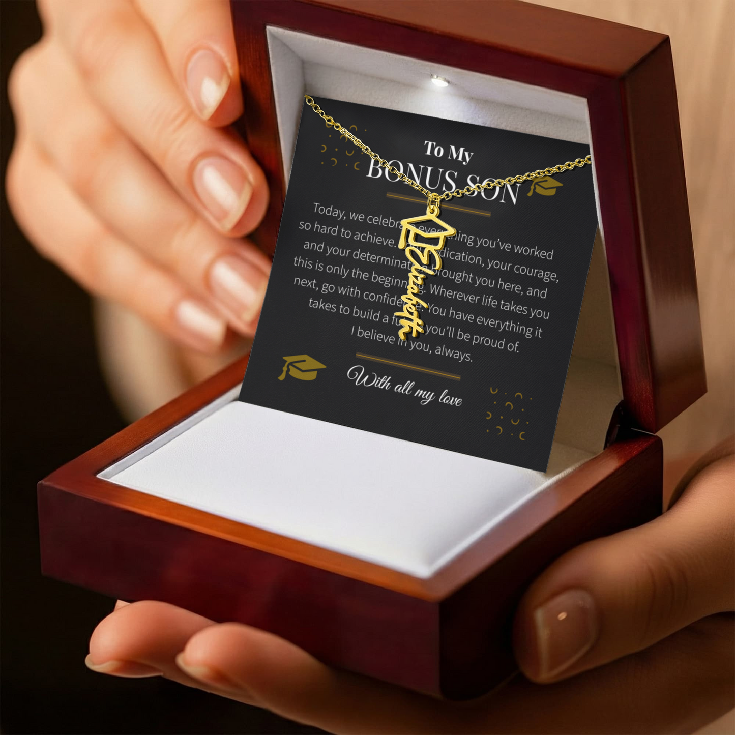 Custom Name Necklace – Graduation Cap Edition | Personalized Graduation Gift for Bonus Son