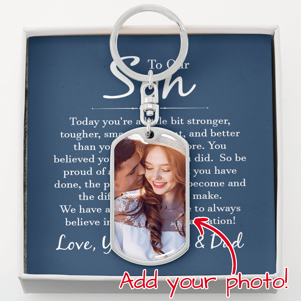 “Personalized dog tag keychain with custom photo on message card reading ‘To Our Son’ from Mom and Dad, displayed in gift box.”