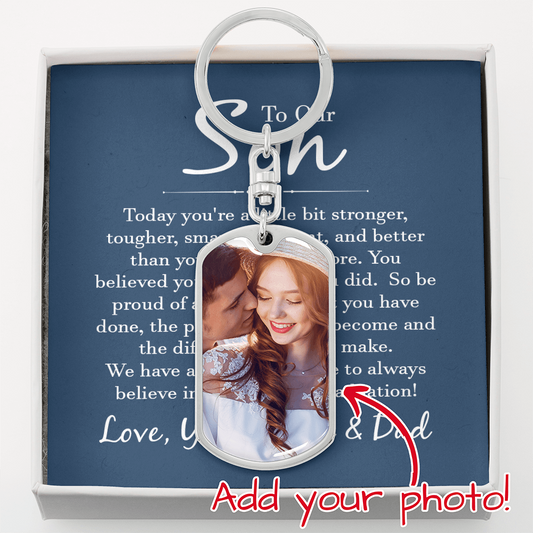 “Personalized dog tag keychain with custom photo on message card reading ‘To Our Son’ from Mom and Dad, displayed in gift box.”