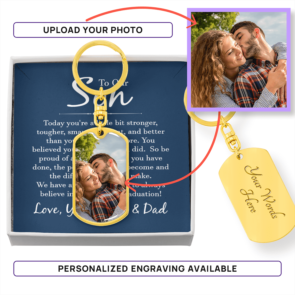 “Personalized dog tag keychain with custom photo on message card reading ‘To Our Son’ from Mom and Dad, displayed in gift box.”