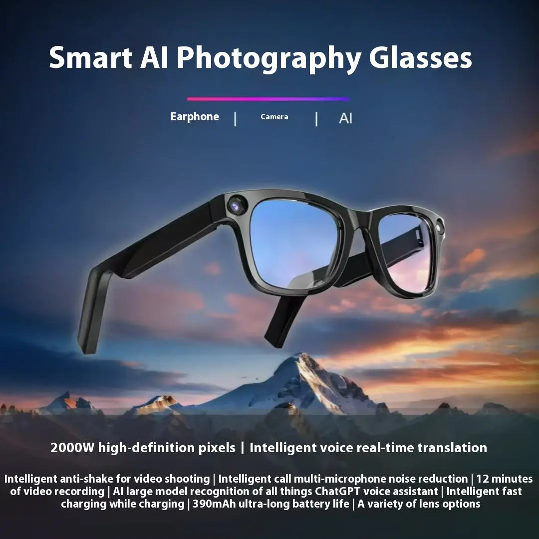 “AI smart glasses with built‑in HD camera, touch controls, and lightweight frame, designed for hands‑free video, photos, and smart features.”
