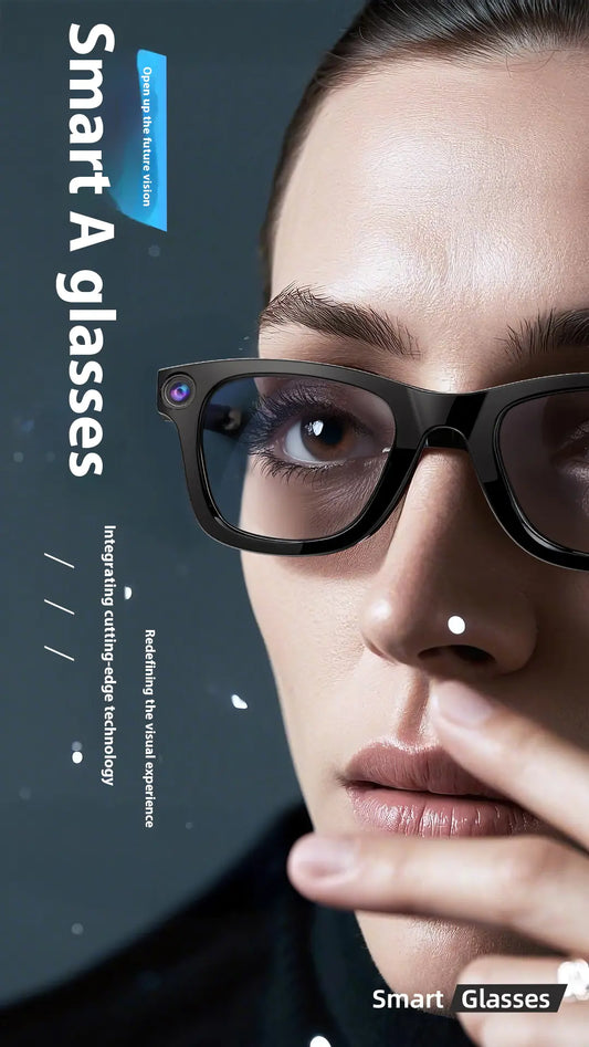 “AI smart glasses with built‑in HD camera, touch controls, and lightweight frame, designed for hands‑free video, photos, and smart features.”