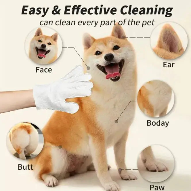 “Pet cleaning glove wipes for dogs and cats, hypoallergenic and rinse‑free, designed for gentle grooming and daily hygiene.”
