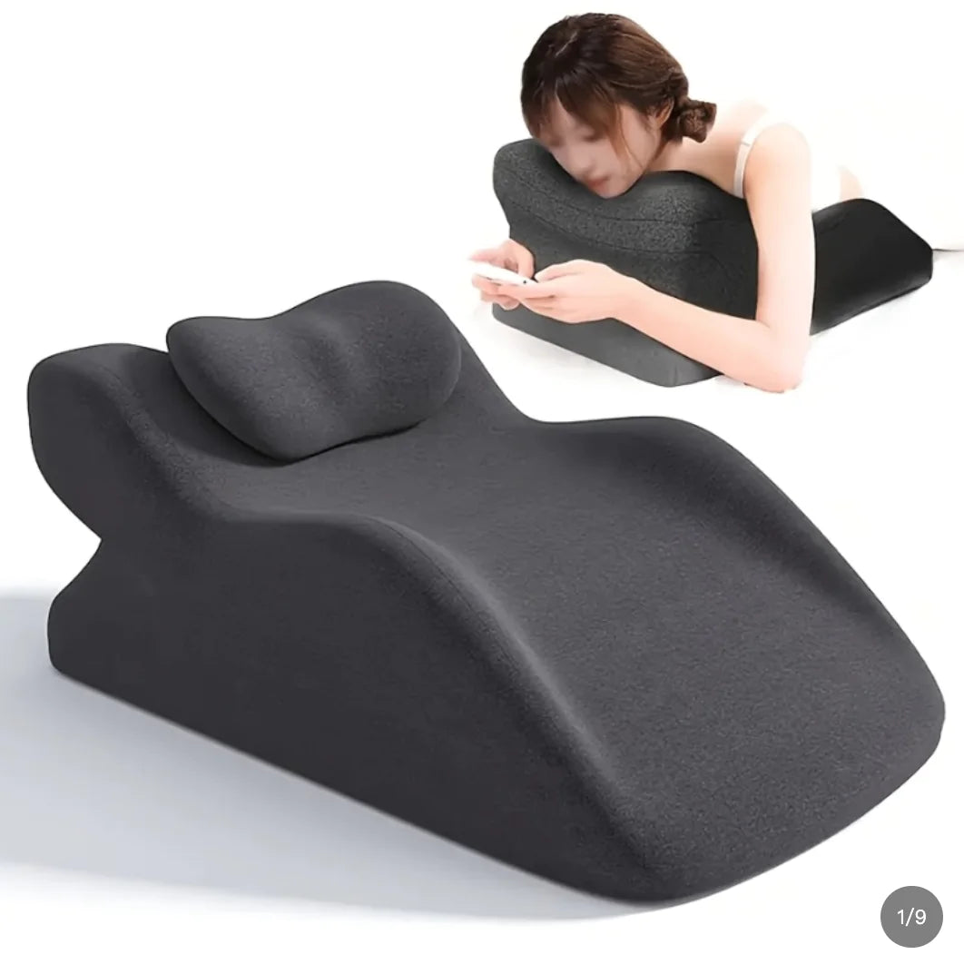“Ergonomic prone‑position comfort pillow with contoured support and removable headrest, designed for stomach sleeping and face‑down relaxation.”