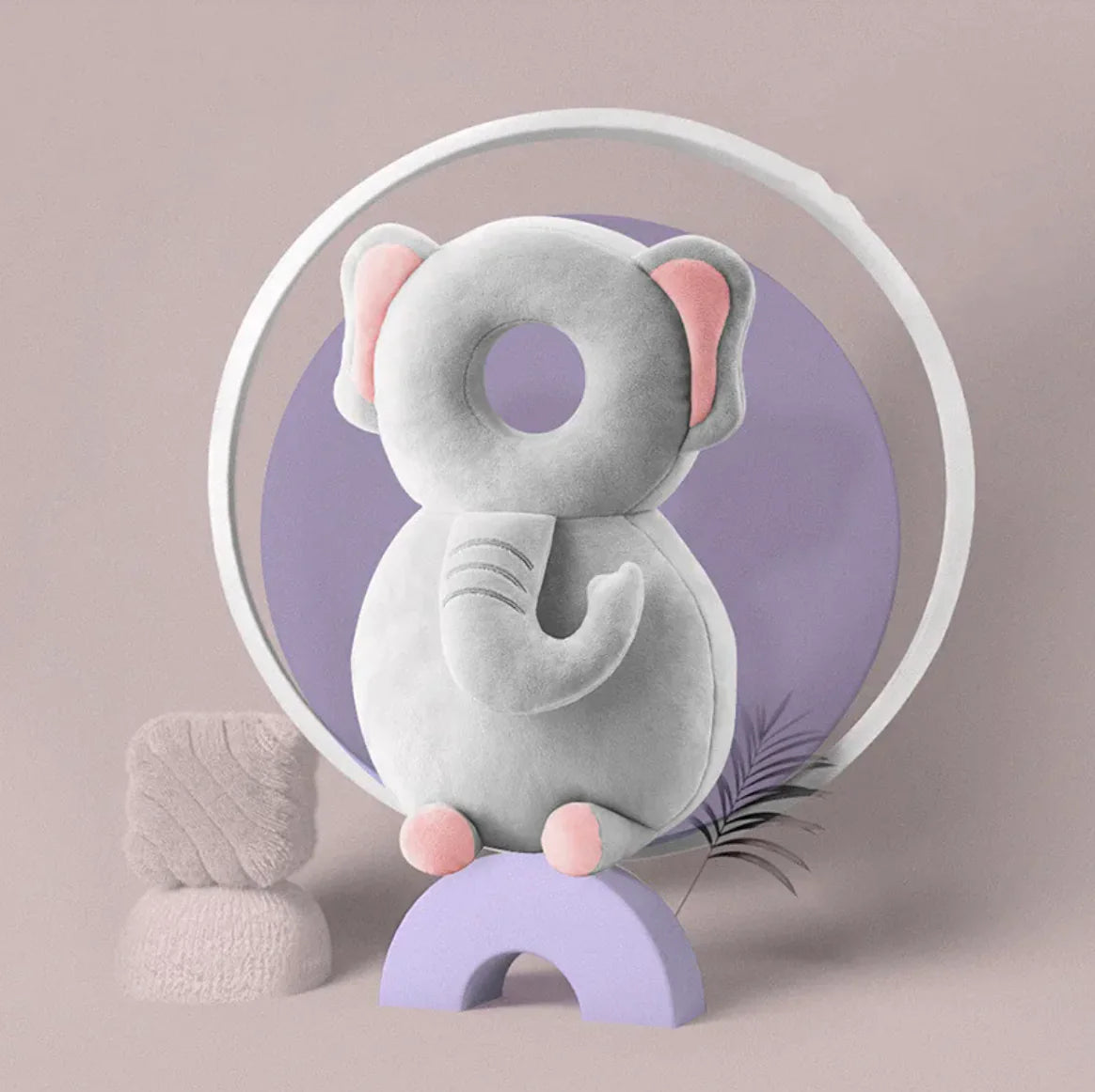 “Elephant-shaped toddler head protection pad with soft, plush cushioning and breathable design for protecting little ones during falls.”