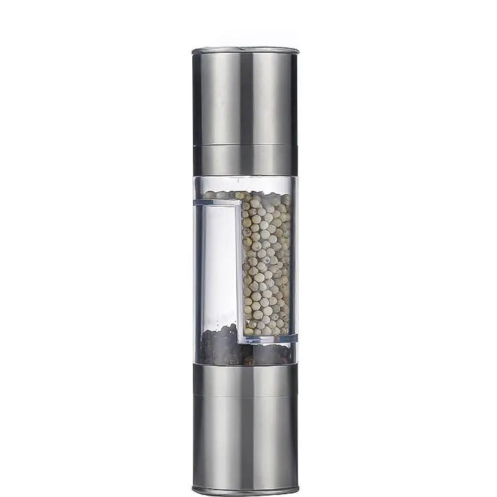 “Stainless‑steel 2‑in‑1 pepper and spice grinder with clear center chamber and dual grinding heads, sleek cylindrical design.”