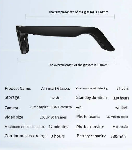 “AI smart glasses with built‑in HD camera, touch controls, and lightweight frame, designed for hands‑free video, photos, and smart features.”