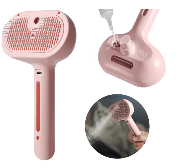 “Pet grooming spray brush with fine metal bristles and built‑in refillable water tank for reducing loose fur on cats and dogs.”