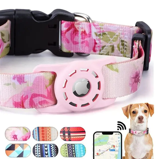 “Digital‑print pet collar with built‑in Air Tag holder, adjustable design, and multiple colorful pattern options for dog tracking.”