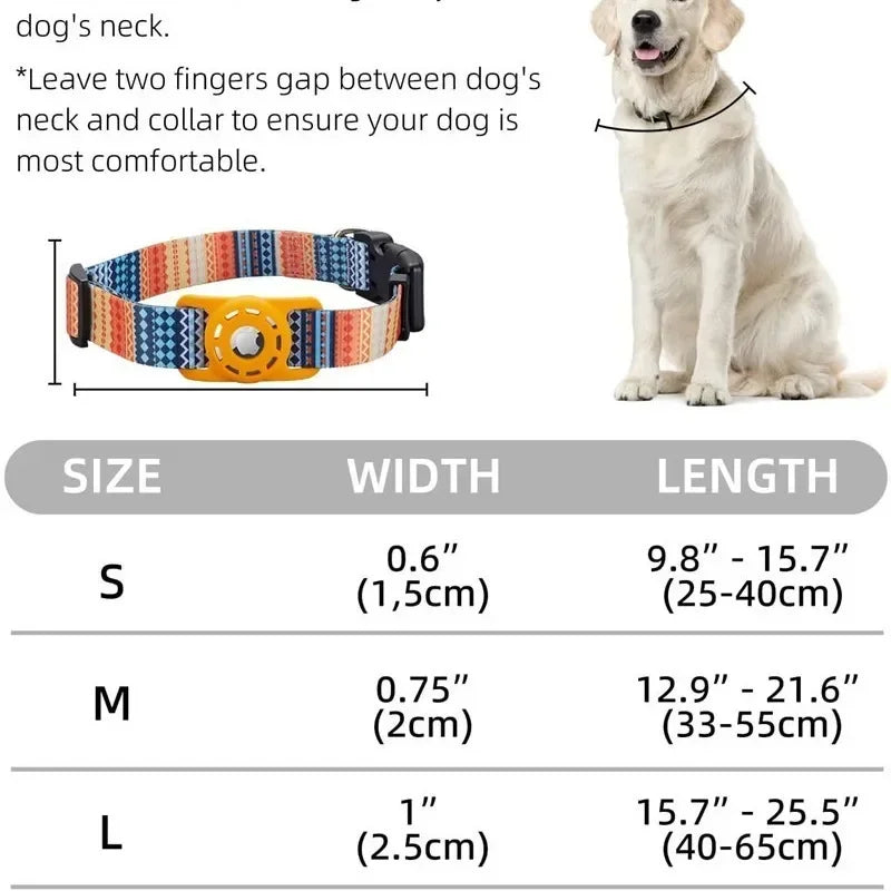 “Digital‑print pet collar with built‑in Air Tag holder, adjustable design, and multiple colorful pattern options for dog tracking.”