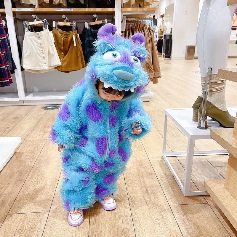 “Fluffy hooded animal‑themed baby jumpsuit with zipper closure, soft, thick fabric, and full‑body cozy design for autumn and winter wear.”