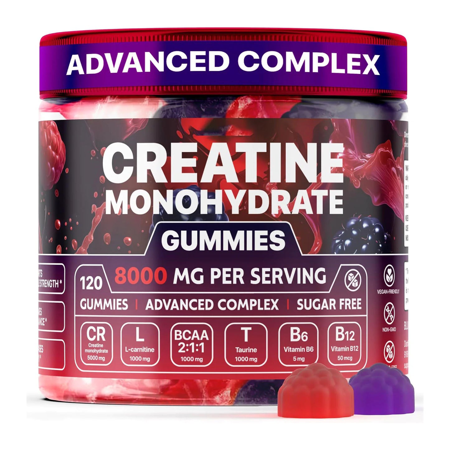 “Creatine monohydrate fitness gummies in a supplement jar surrounded by mixed berries, promoting muscle energy, endurance, and recovery.”