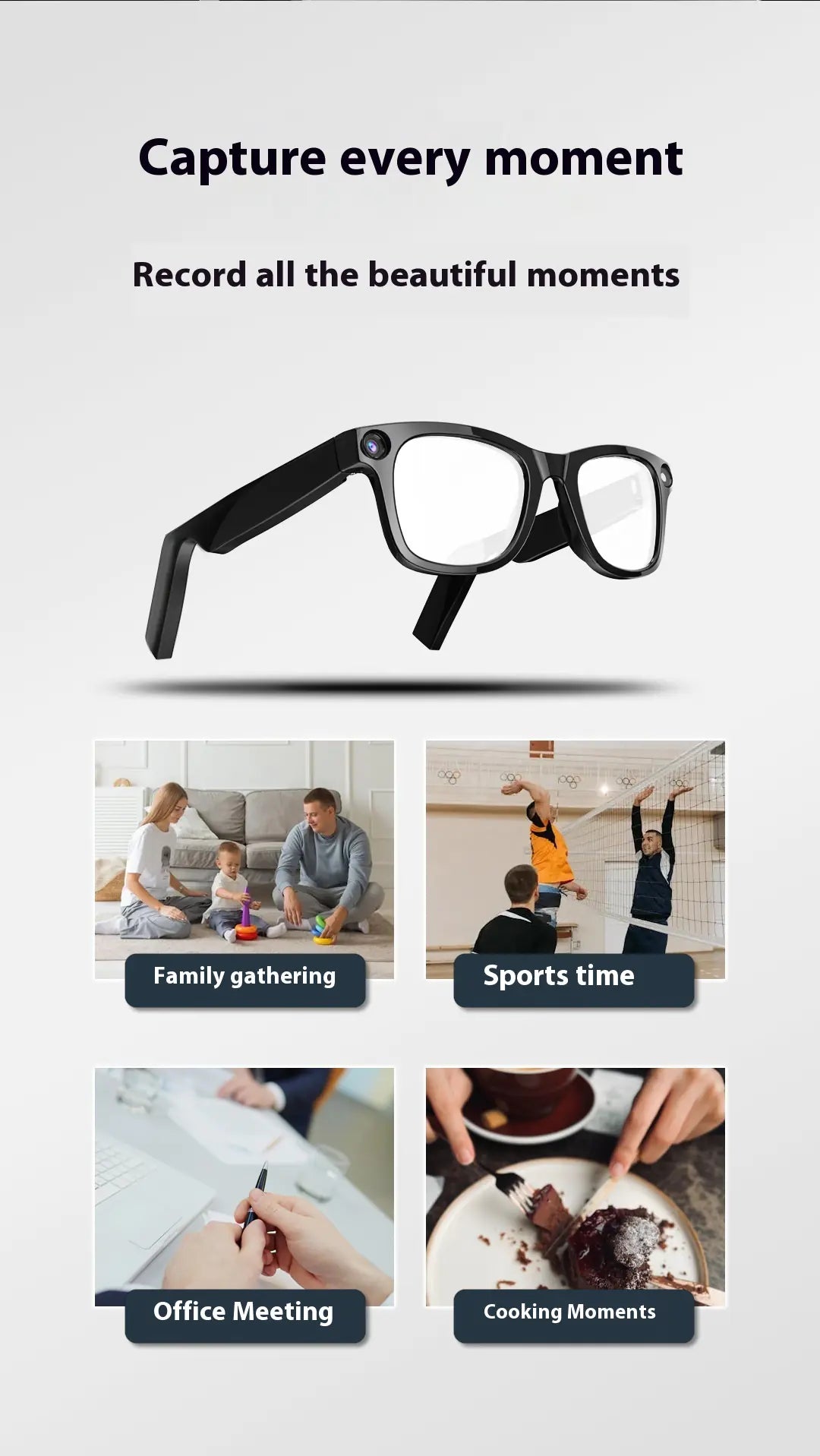 “AI smart glasses with built‑in HD camera, touch controls, and lightweight frame, designed for hands‑free video, photos, and smart features.”