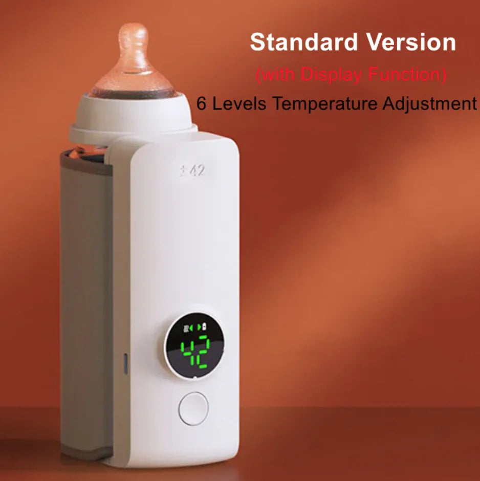 “Portable wireless baby bottle warmer with digital temperature display and adjustable heating sleeve for keeping milk warm on the go.”