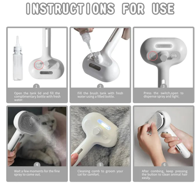 “Pet grooming spray brush with fine metal bristles and built‑in refillable water tank for reducing loose fur on cats and dogs.”