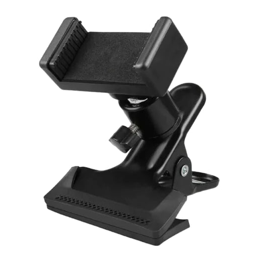 “Adjustable phone clip stand mounted on a guitar headstock, providing a secure hands‑free setup for recording, streaming, and practice.”