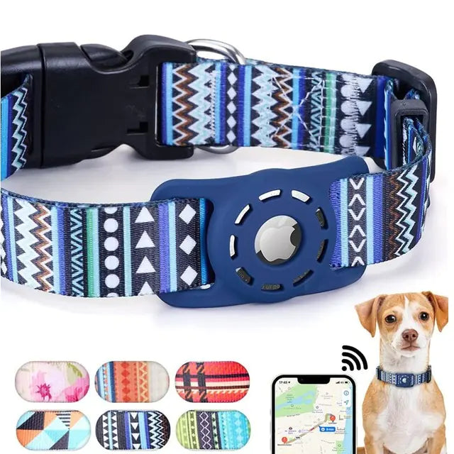 “Digital‑print pet collar with built‑in Air Tag holder, adjustable design, and multiple colorful pattern options for dog tracking.”