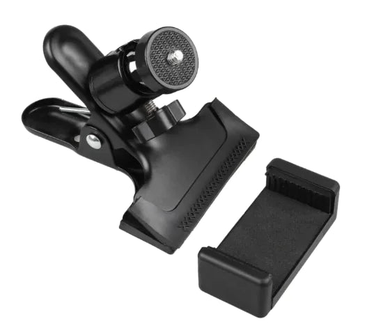 “Adjustable phone clip stand mounted on a guitar headstock, providing a secure hands‑free setup for recording, streaming, and practice.”
