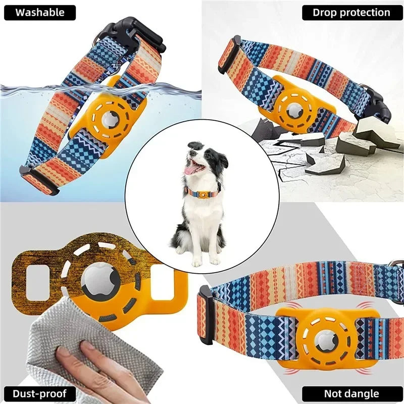 “Digital‑print pet collar with built‑in Air Tag holder, adjustable design, and multiple colorful pattern options for dog tracking.”