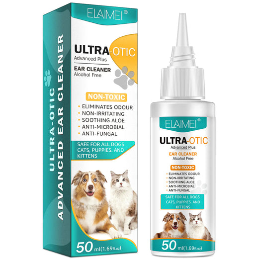 “Pet ear cleaner 50ml bottle and box for dogs and cats, alcohol‑free formula with soothing aloe to remove wax, dirt, and odor for gentle ear hygiene.”