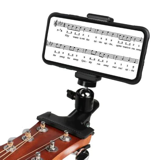 “Adjustable phone clip stand mounted on a guitar headstock, providing a secure hands‑free setup for recording, streaming, and practice.”