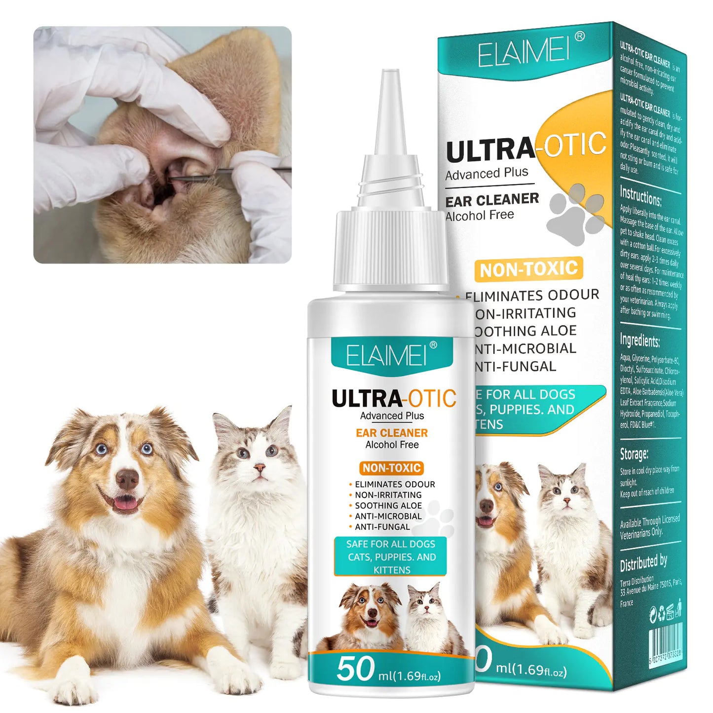 “Pet ear cleaner 50ml bottle and box for dogs and cats, alcohol‑free formula with soothing aloe to remove wax, dirt, and odor for gentle ear hygiene.”