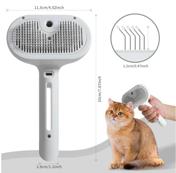 “Pet grooming spray brush with fine metal bristles and built‑in refillable water tank for reducing loose fur on cats and dogs.”